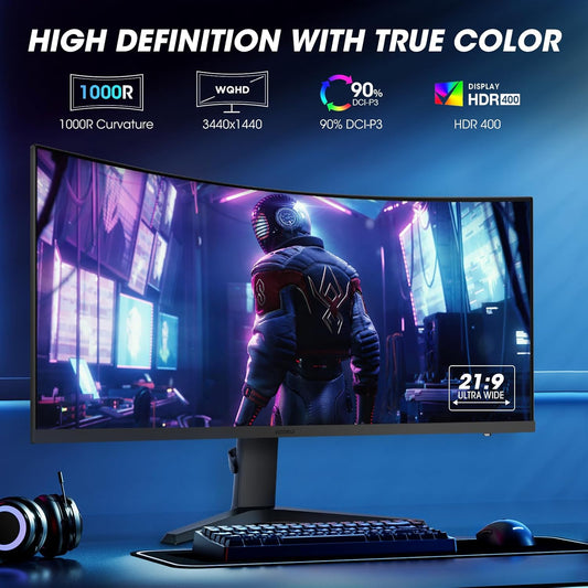 KOORUI 34 Inch Ultrawide Curved Gaming Monitor, 180Hz, WQHD 1440P, 1000R, MPRT 1MS, HDR 400, 2x HDMI 2.0, 1x DisplayPort 1.4, AdaptiveSync, Tilt/Height Adjustable, Black