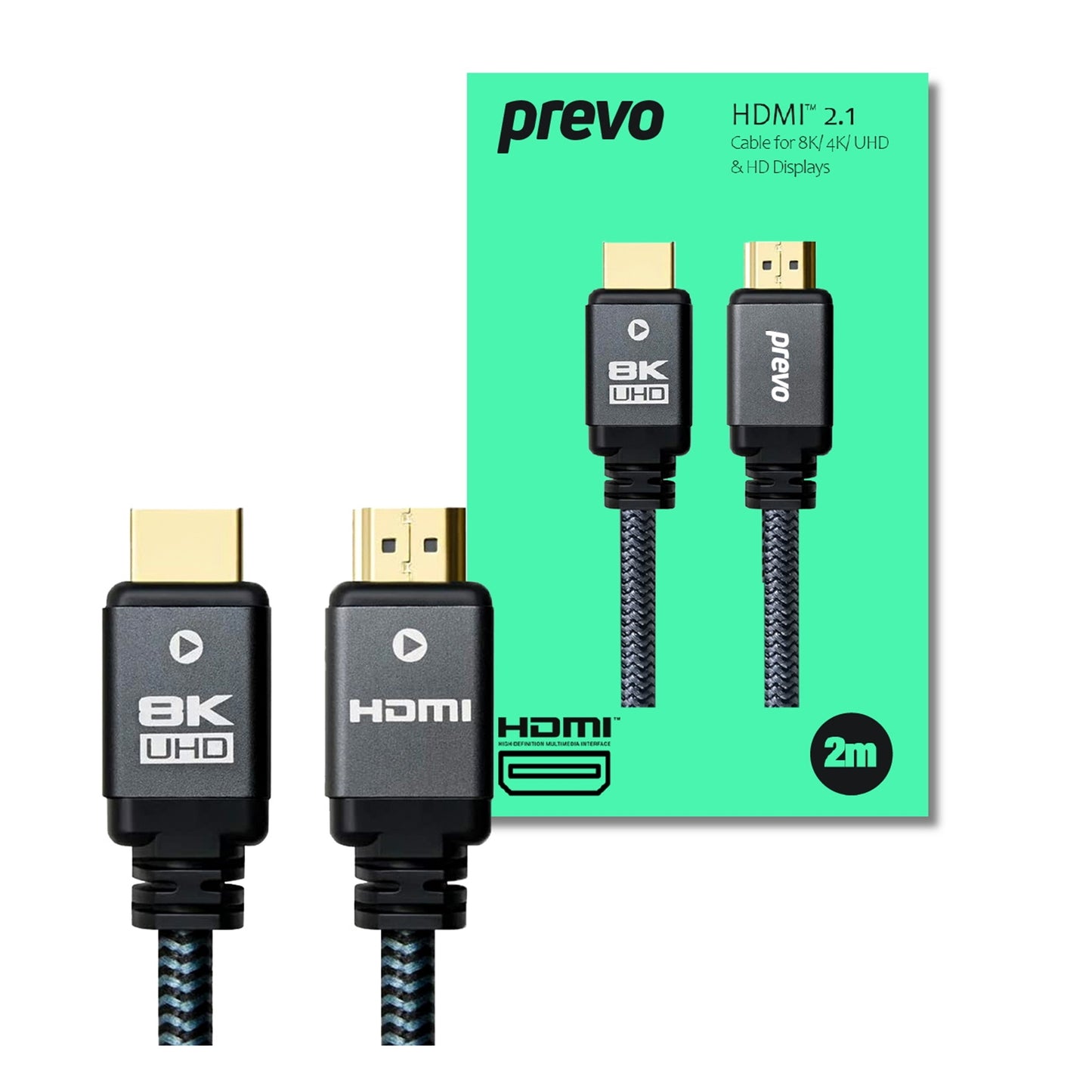 Prevo HDMI 2.1 2M HDMI Cable, HDMI 2.1 (M) to HDMI 2.1 (M), 2m, Black & Grey, Supports Displays up to 8K@60Hz, 99.9% Oxygen-Free Copper with Gold-Plated Connectors, Superior Design & Performance, Retail Box Packaging