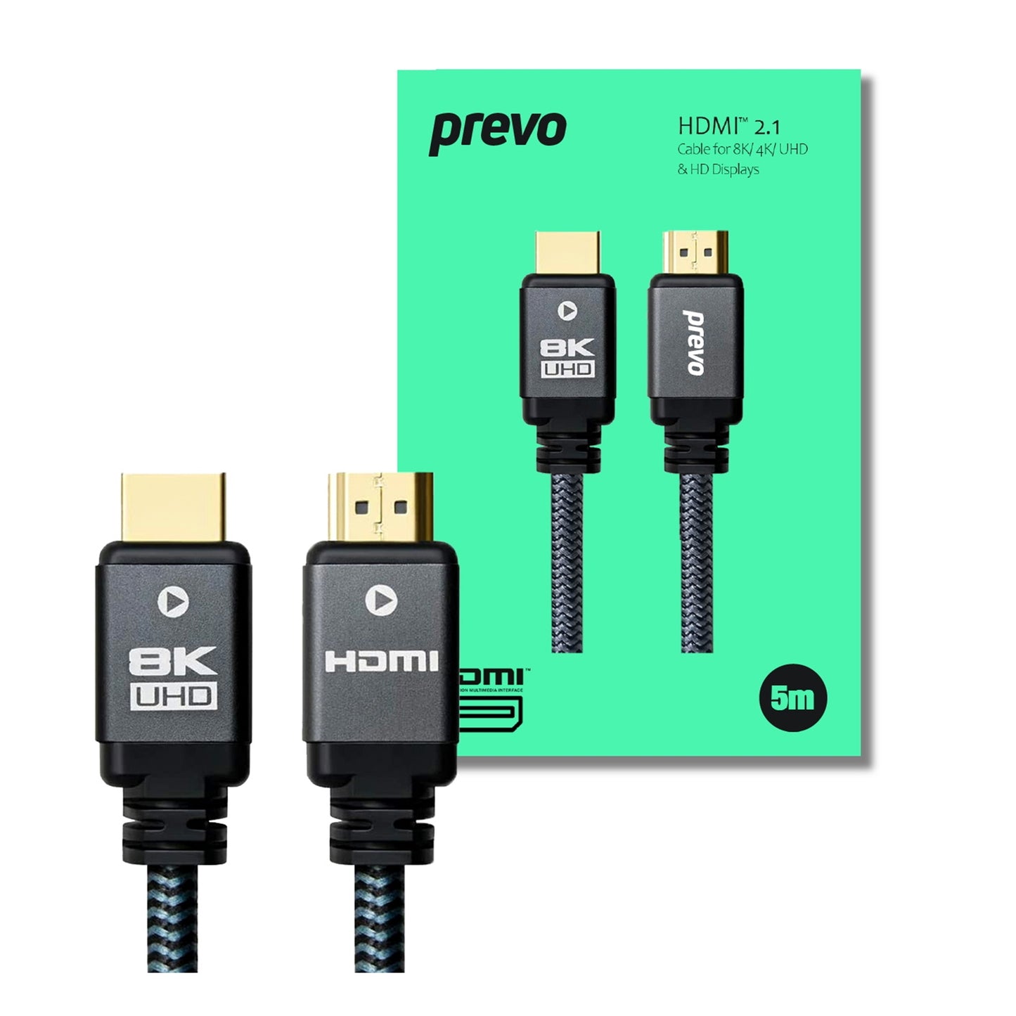 Prevo HDMI 5M HDMI Cable, HDMI 2.1 (M) to HDMI 2.1 (M), 5m, Black & Grey, Supports Displays up to 8K@60Hz, 99.9% Oxygen-Free Copper with Gold-Plated Connectors, Superior Design & Performance, Retail Box Packaging
