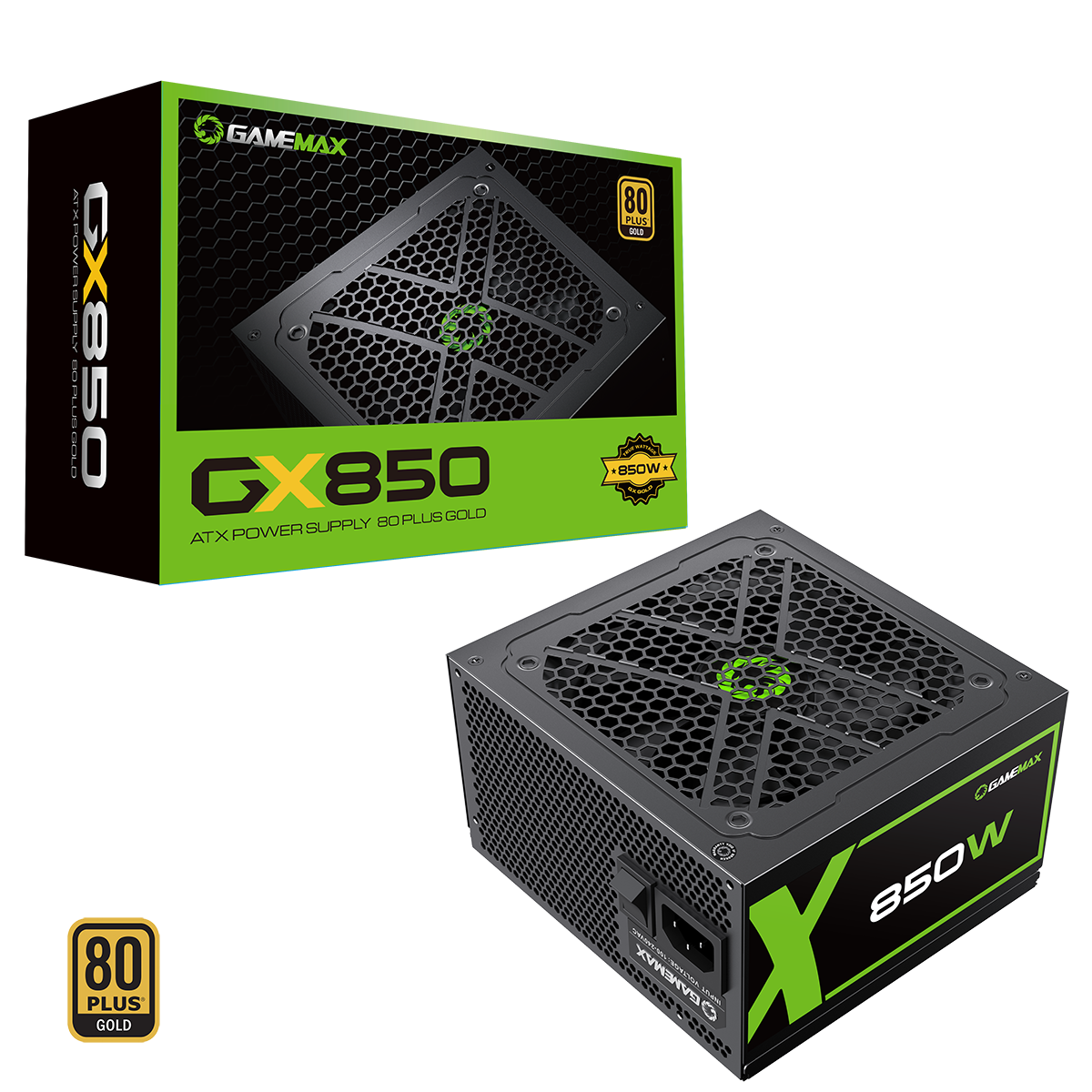 GameMax GX850W Modular 80 Plus Gold Black Power Supply with 120mm FDB Fan