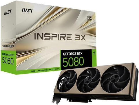 MSI GeForce RTX 5080 16G INSPIRE 3X OC Graphics Card - RTX 5080 GPU, 16GB GDDR7 (30Gbps/256-bit), PCIe 5.0 - Triple Fan Thermal Design (3 x STORMFORCE Fan) - HDMI 2.1b, DisplayPort 2.1b