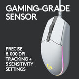 Logitech G203 LIGHTSYNC Gaming Mouse with Customizable RGB Lighting, 6 Programmable Buttons, Gaming Grade Sensor, 8K DPI Tracking, Lightweight - White