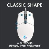 Logitech G203 LIGHTSYNC Gaming Mouse with Customizable RGB Lighting, 6 Programmable Buttons, Gaming Grade Sensor, 8K DPI Tracking, Lightweight - White