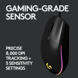 Logitech G203 LIGHTSYNC Gaming Mouse with Customizable RGB Lighting, 6 Programmable Buttons, Gaming Grade Sensor, 8K DPI Tracking, Lightweight - Black