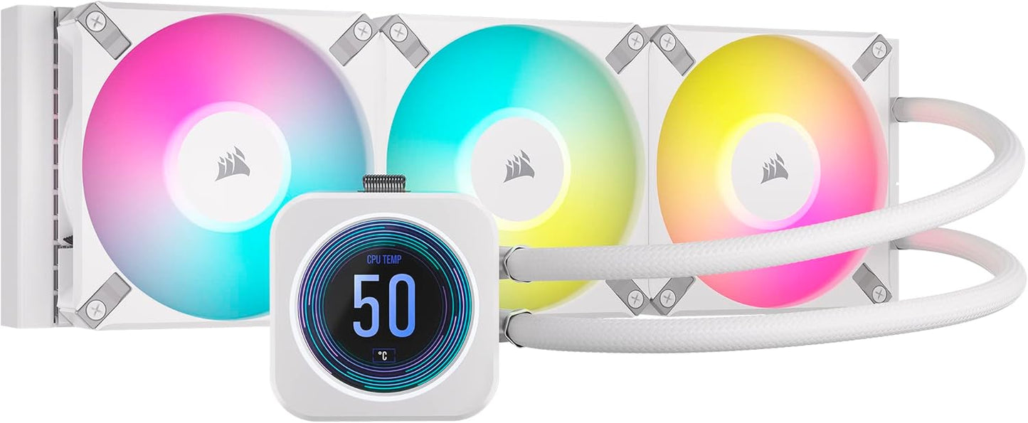 Corsair iCUE H150i ELITE LCD XT Liquid CPU Cooler - IPS LCD Screen - Three AF120 RGB ELITE Fans - 360mm Radiator - Fits Intel® LGA 1700, AMD® AM5, and More - Included iCUE COMMANDER CORE - White