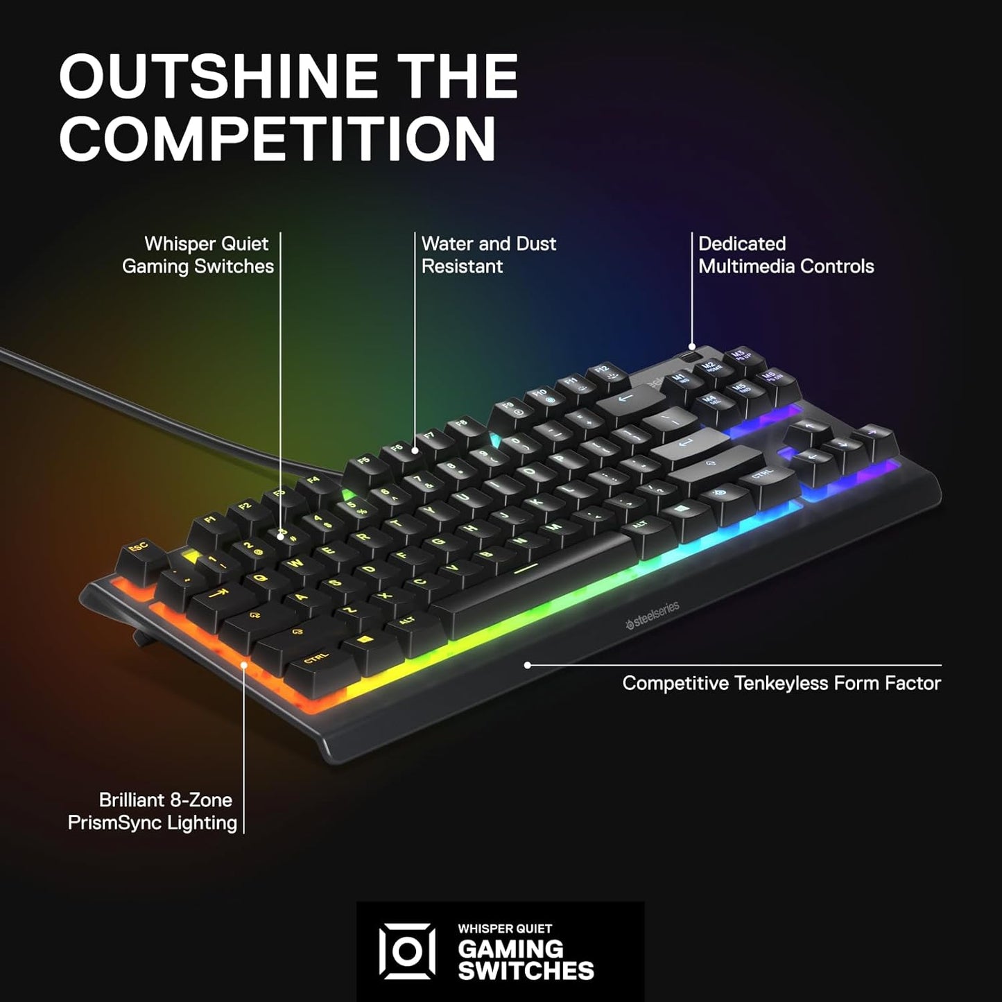 SteelSeries Apex 3 TKL - RGB Gaming Keyboard - Tenkeyless Compact Esports Form Factor - 8-Zone RGB Illumination - IP32 Water & Dust Resistant - English QWERTY Layout , Black