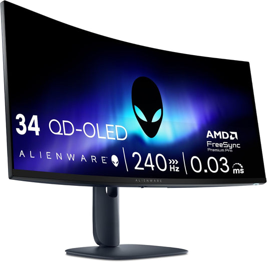Alienware 34 Gaming Monitor - AW3425DW, WQHD (3440x1440), 21:9 1800R Curved, 240Hz, QD OLED, 0.03ms, NVIDIA G-SYNC Compatible, AMD FreeSync Premium Pro, HDR True Black 400, USB-C, 3 Year Warranty