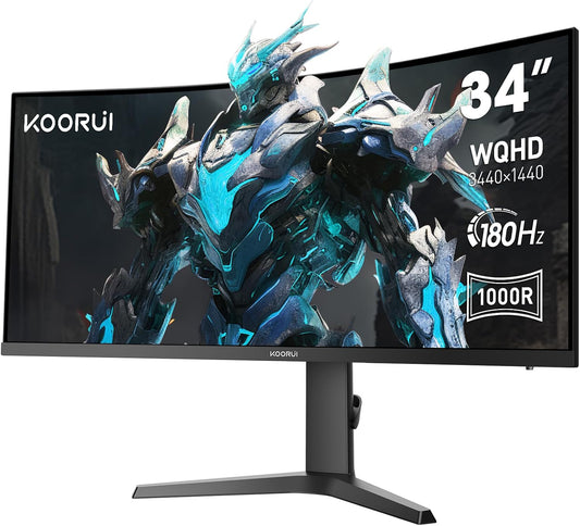 KOORUI 34 Inch Ultrawide Curved Gaming Monitor, 180Hz, WQHD 1440P, 1000R, MPRT 1MS, HDR 400, 2x HDMI 2.0, 1x DisplayPort 1.4, AdaptiveSync, Tilt/Height Adjustable, Black