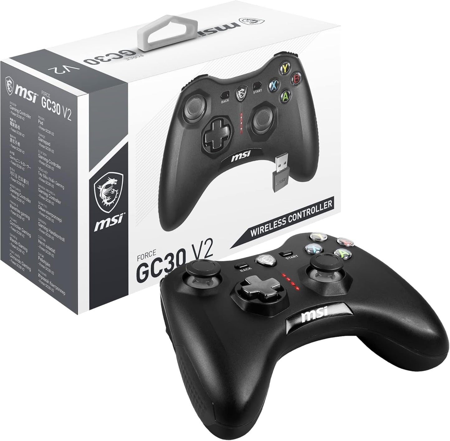 MSI FORCE GC30 V2 Wireless PC Gamepad Controller - 2.4 GHz, 600mAh Li-ion Battery, Interchangeable D-Pad Covers, Dual Vibration Motors, USB 2.0 - Wired/Wireless