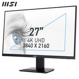 MSI PRO MP273U 27 Inch UHD Office Monitor - 3840 x 2160 IPS Panel, PIP/PBP, Wide Color Gamut, Eye-Friendly Screen, Built-in Speakers, Tilt-Adjustable - HDMI 2.0b, DP (1.4a)