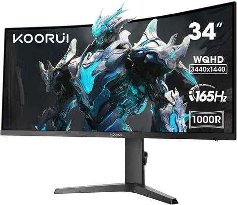KOORUI 34 Inch Ultrawide Curved Gaming Monitor, 165Hz, WQHD 1440P, 1000R, MPRT 1MS, HDR 400, 2x HDMI 2.0, 1x DisplayPort 1.4, AdaptiveSync, Tilt/Height Adjustable, Black