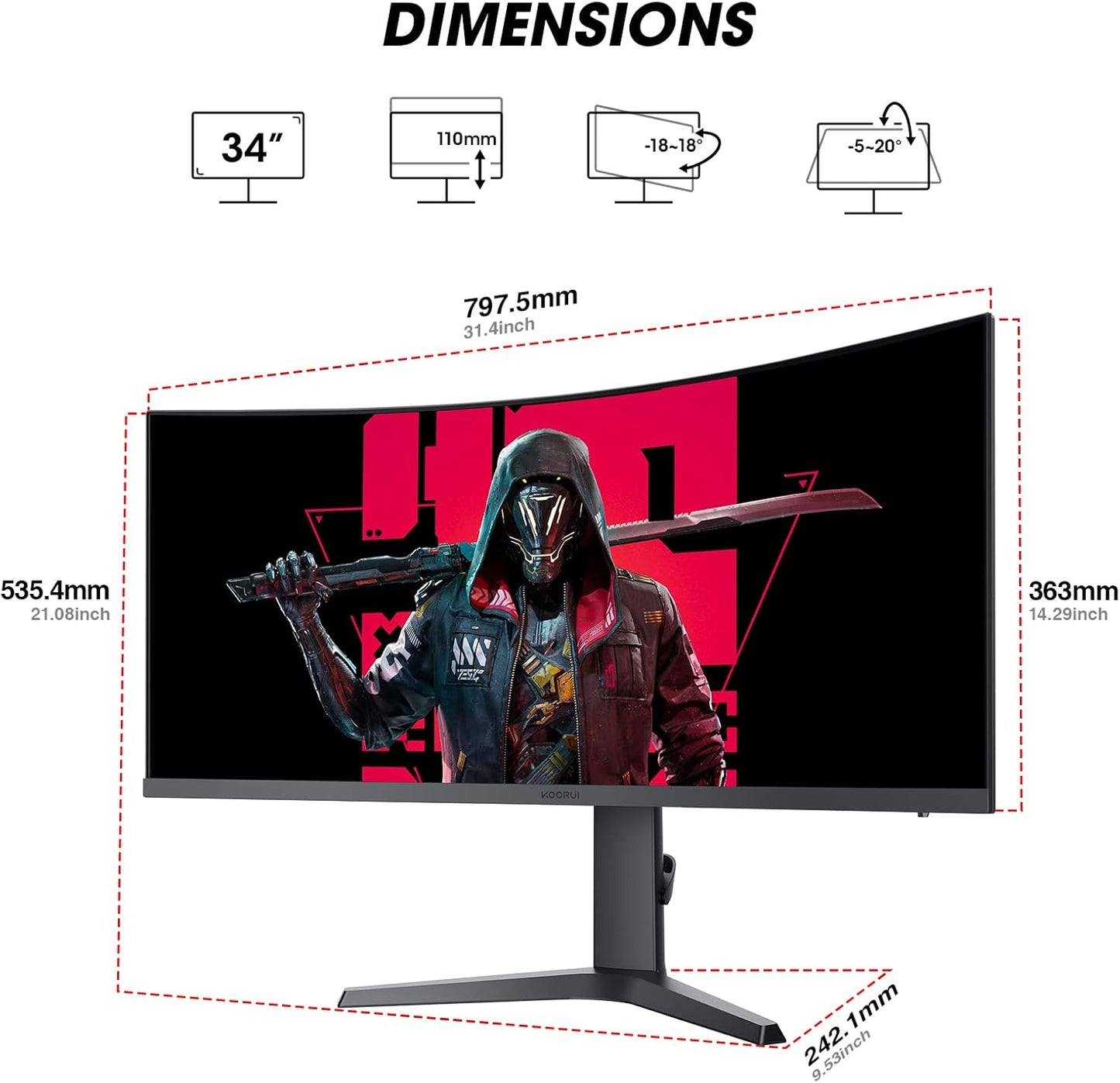 KOORUI 34 Inch Ultrawide Curved Gaming Monitor, 180Hz, WQHD 1440P, 1000R, MPRT 1MS, HDR 400, 2x HDMI 2.0, 1x DisplayPort 1.4, AdaptiveSync, Tilt/Height Adjustable, Black