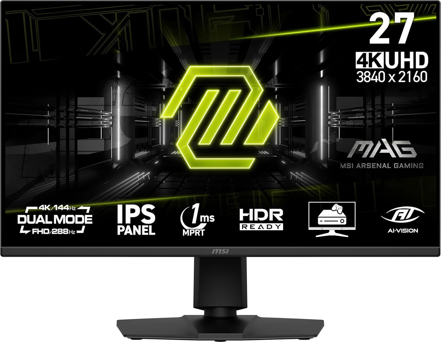 MSI MAG 275UPD E14 27-Inch, 4K UHD Gaming Monitor, 3840 x 2160 IPS, 288Hz, 1ms, HDR Ready, Eye Care, Dual-Mode, HDMI 2.1, DP 1.4a, Frame-Less, Tilt/Height Adjustable, Vesa Mount, Black