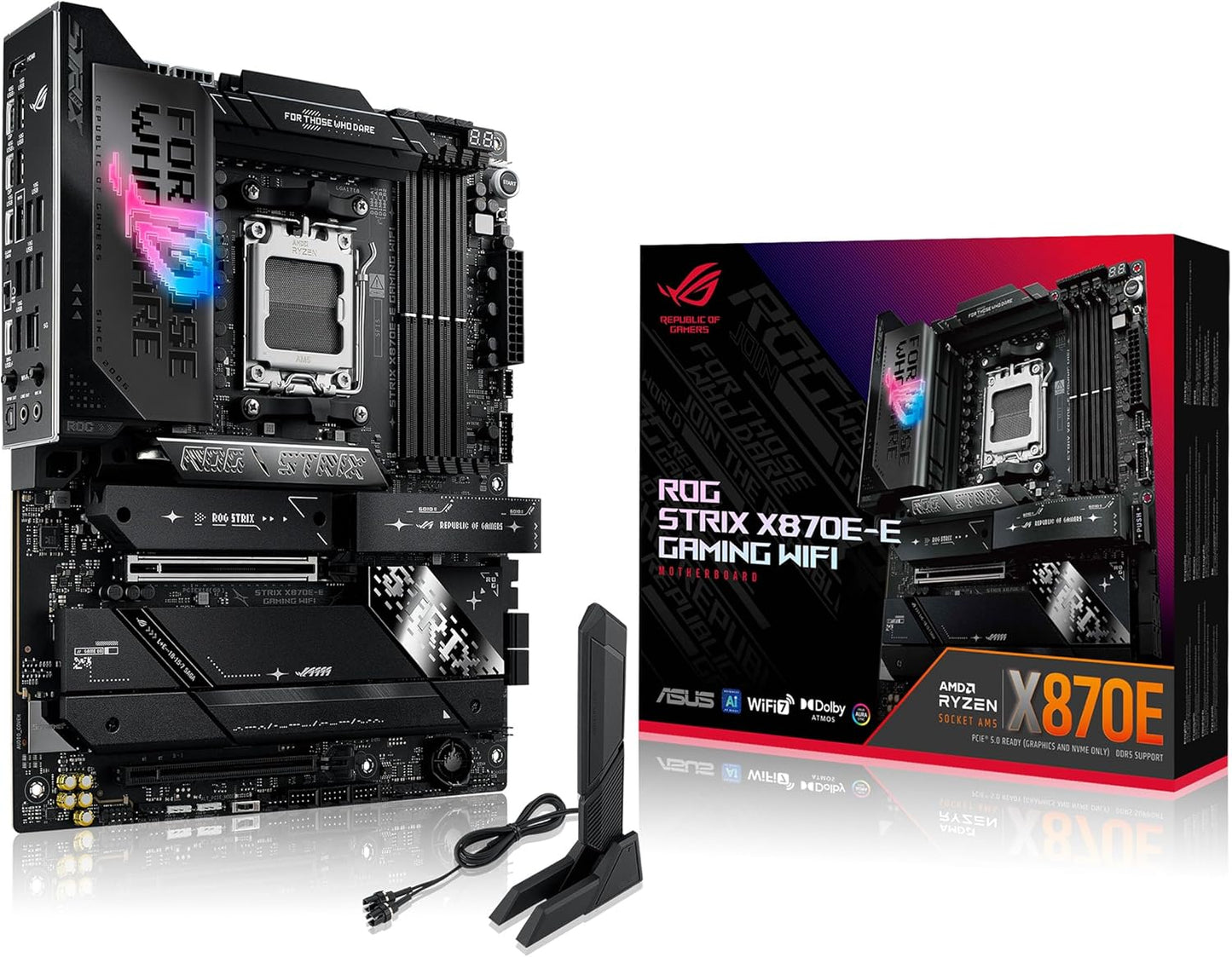 ASUS ROG Strix X870E-E Gaming WiFi, AMD ATX motherboard, 18+2+2 power stages, DDR5 slots, five M.2 slots, PCIe 5.0 with full support for next-gen GPUs, WiFi 7, USB 20G w/PD 3.0 up to 30W