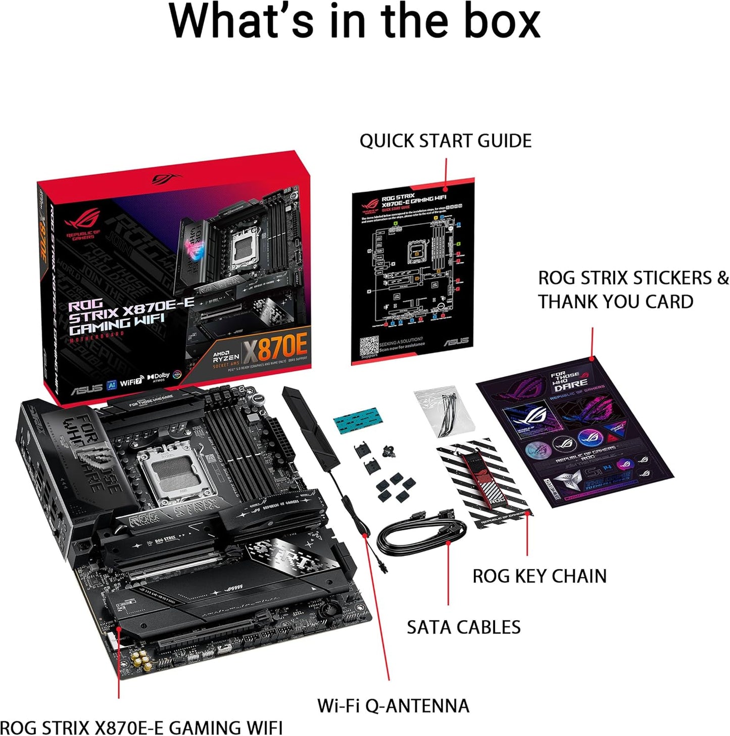 ASUS ROG Strix X870E-E Gaming WiFi, AMD ATX motherboard, 18+2+2 power stages, DDR5 slots, five M.2 slots, PCIe 5.0 with full support for next-gen GPUs, WiFi 7, USB 20G w/PD 3.0 up to 30W