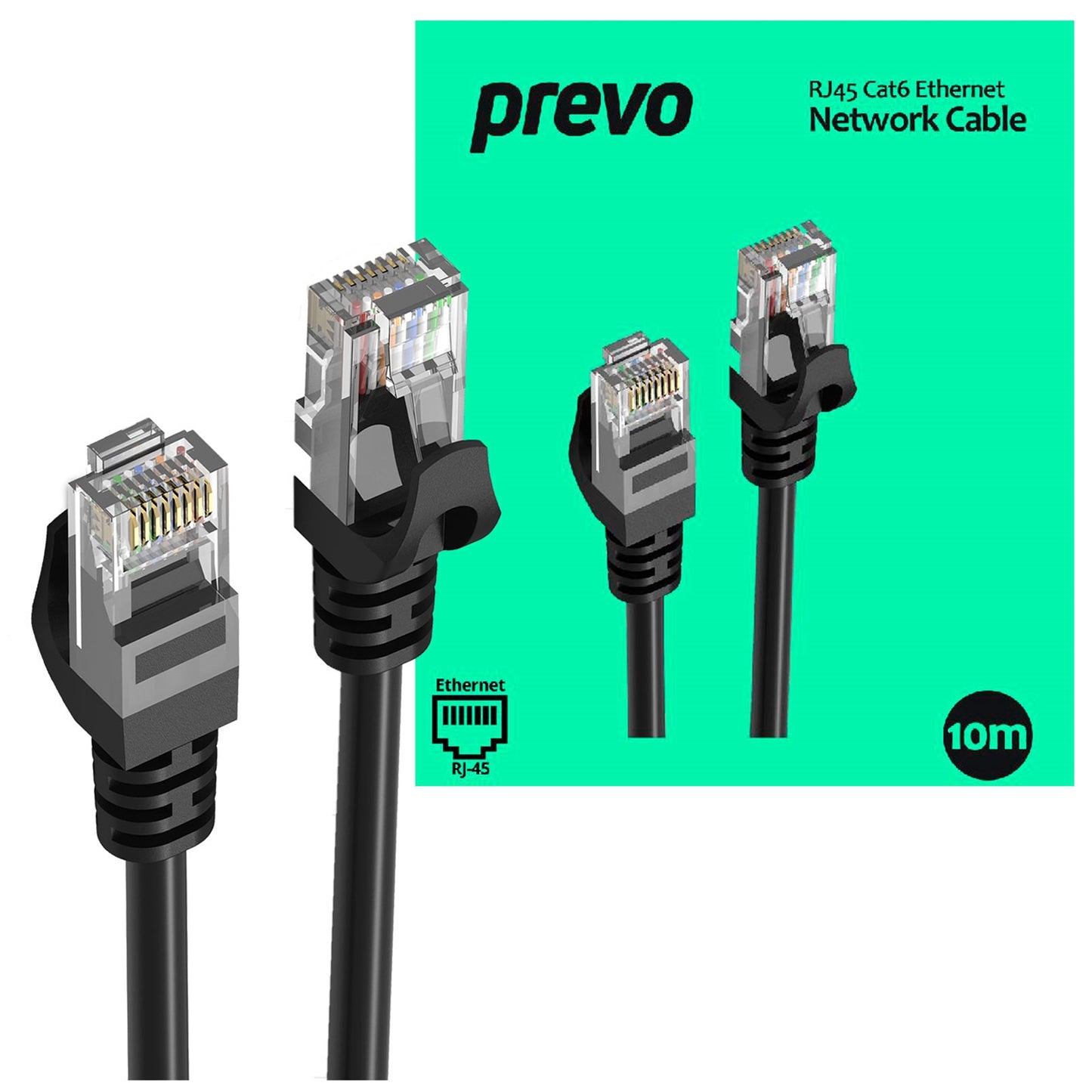Prevo CAT 6 10M Network Cable, RJ45 (M) to RJ45 (M), CAT6, 10m, Black, Oxygen Free Copper Core, Sturdy PVC Outer Sleeve & Clip Protector, Retail Box Packaging