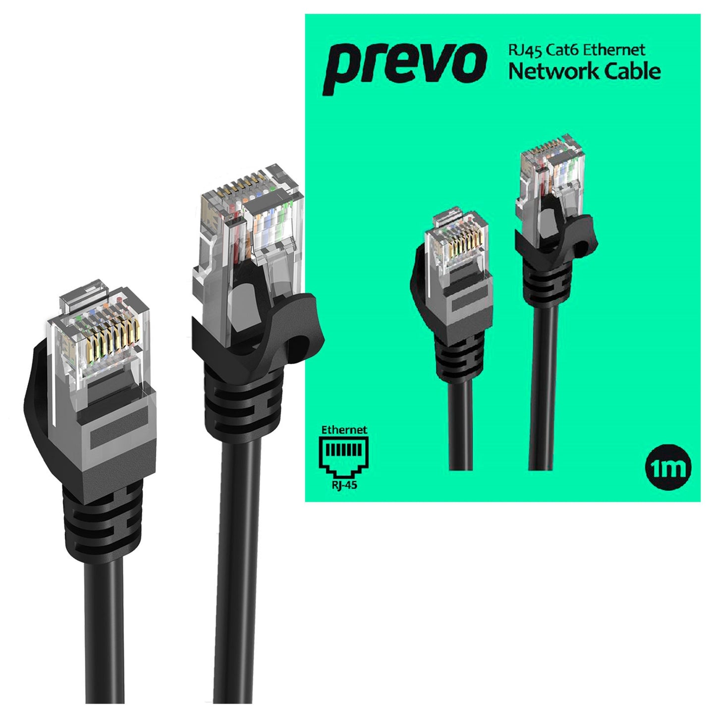 Prevo CAT 6 1M Network Cable, RJ45 (M) to RJ45 (M), CAT6, 1m, Black, Oxygen Free Copper Core, Sturdy PVC Outer Sleeve & Clip Protector, Retail Box Packaging