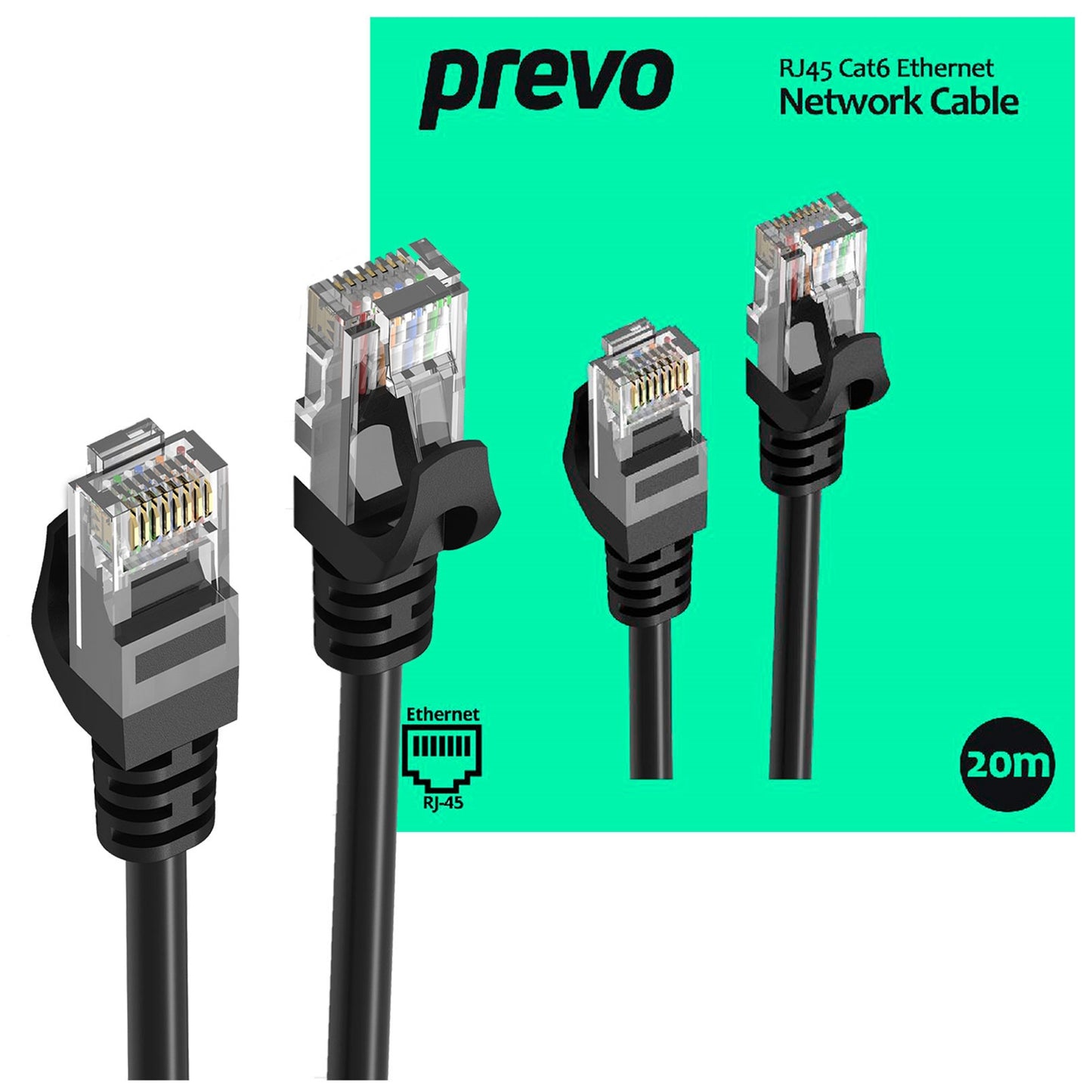 Prevo CAT 6 20M Network Cable, RJ45 (M) to RJ45 (M), CAT6, 20m, Black, Oxygen Free Copper Core, Sturdy PVC Outer Sleeve & Clip Protector, Retail Box Packaging