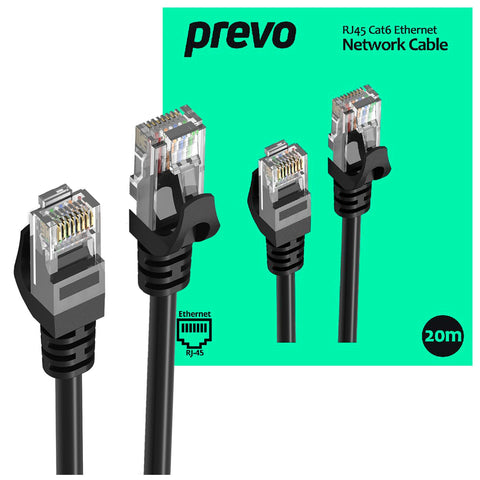 Prevo CAT 6 20M Network Cable, RJ45 (M) to RJ45 (M), CAT6, 20m, Black, Oxygen Free Copper Core, Sturdy PVC Outer Sleeve & Clip Protector, Retail Box Packaging