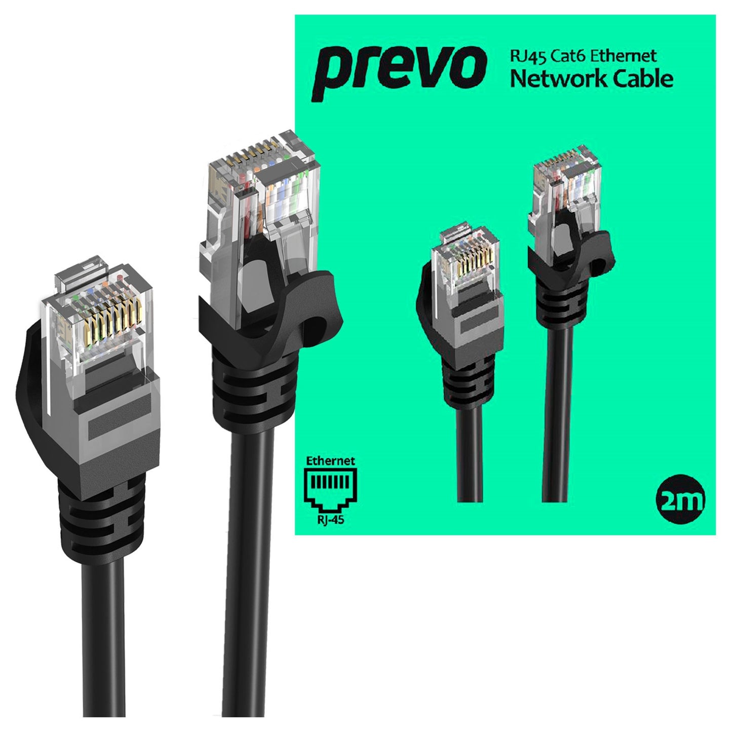 Prevo CAT 6 2M Network Cable, RJ45 (M) to RJ45 (M), CAT6, 2m, Black, Oxygen Free Copper Core, Sturdy PVC Outer Sleeve & Clip Protector, Retail Box Packaging