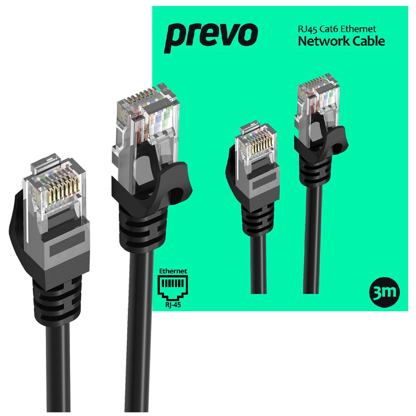 Prevo CAT 6 3M Network Cable, RJ45 (M) to RJ45 (M), CAT6, 3m, Black, Oxygen Free Copper Core, Sturdy PVC Outer Sleeve & Clip Protector, Retail Box Packaging