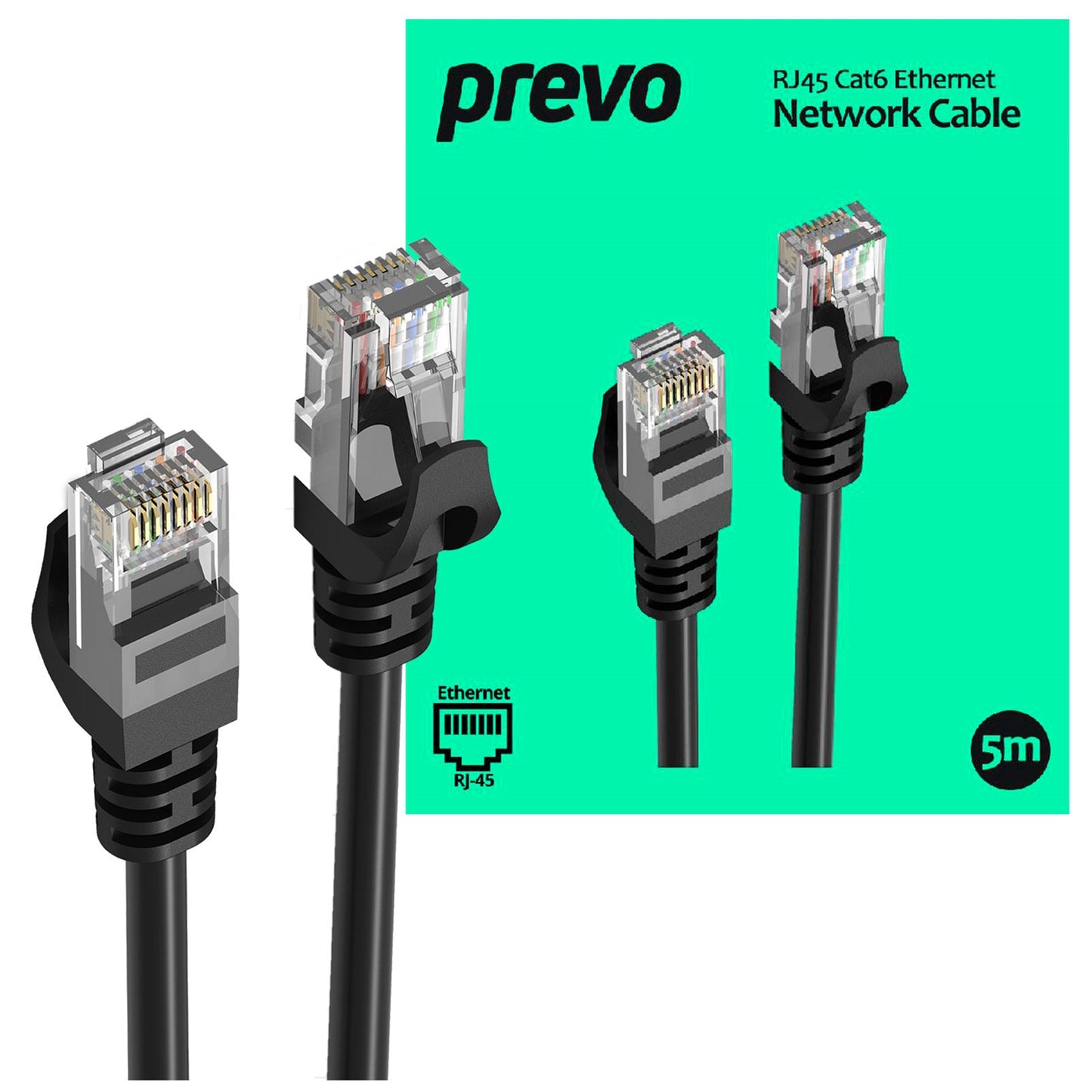 Prevo CAT 6 5M Network Cable, RJ45 (M) to RJ45 (M), CAT6, 5m, Black, Oxygen Free Copper Core, Sturdy PVC Outer Sleeve & Clip Protector, Retail Box Packaging