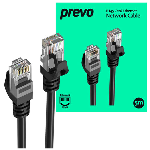 Prevo CAT 6 5M Network Cable, RJ45 (M) to RJ45 (M), CAT6, 5m, Black, Oxygen Free Copper Core, Sturdy PVC Outer Sleeve & Clip Protector, Retail Box Packaging