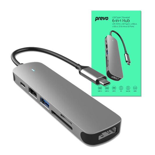Prevo C605A 6-In-1 USB-C 4K Media and Data Transfer Hub Docking Station with 60W Passthrough, USB-C, HDMI, SD, USB-Afor PC, Laptop, Tablet - Windows and Mac iOS Compatible
