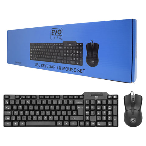 Evo Labs CM-500UK Wired Keyboard and Mouse Combo Set, USB Plug and Play, Full Size Qwerty UK Layout Keyboard with Optical Sensor Mouse, Ideal for Home or Office, Black